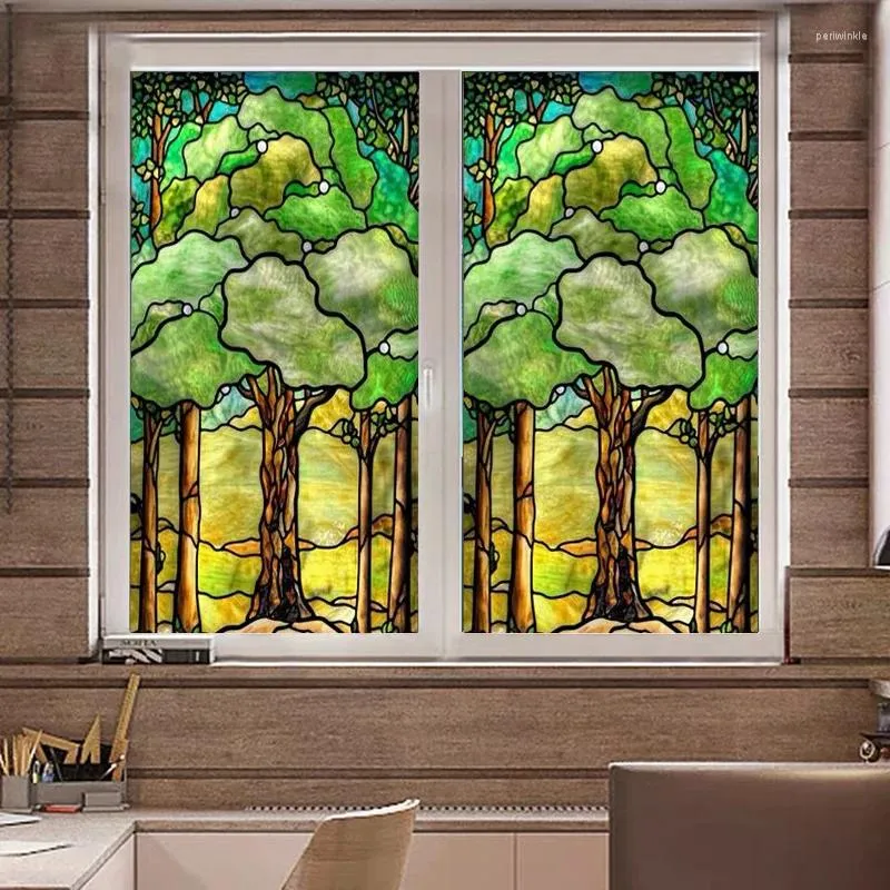 Window Stickers Church Colored Frosted Film Stained Glass Sticker Self Adhesive Static Cling For Door Custom Size Tree