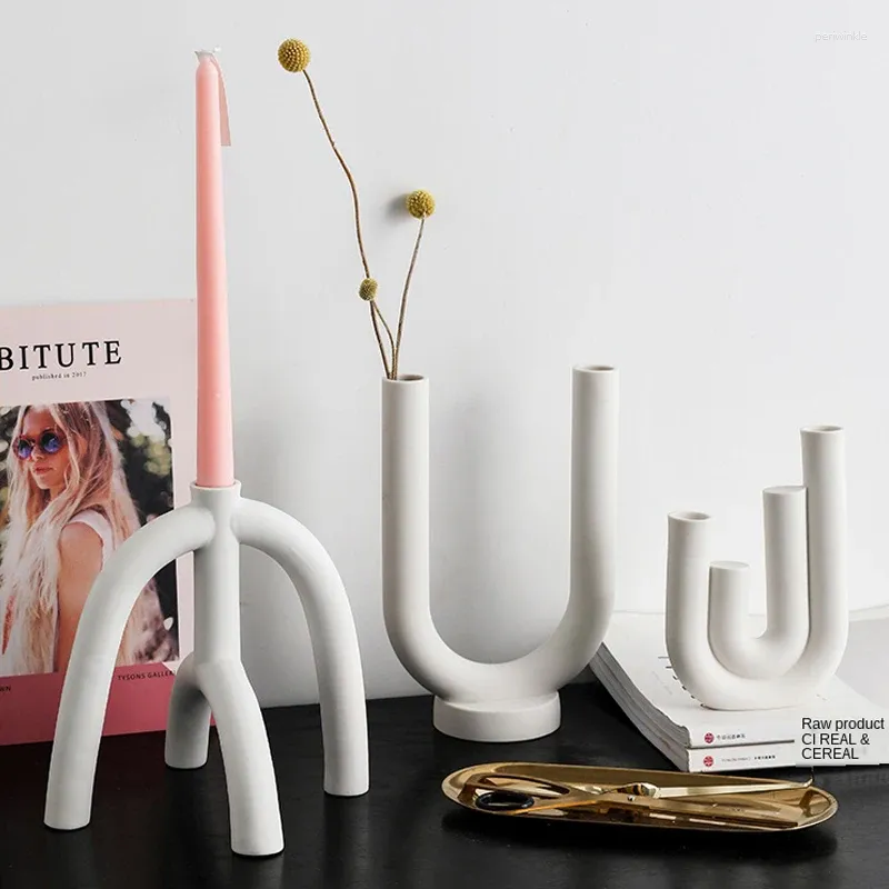 Candle Holders Nordic Creative Ceramic Candlestick White U Shape Water Pipe Living Room Scandinavian Stand Home Ornament