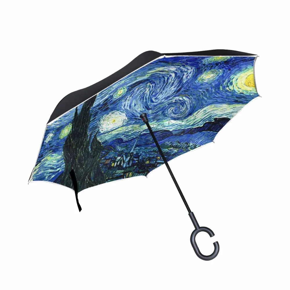 Starry Night Inverted Reverse Folding Umbrella Windproof Double Layer Inverted Self Stand Oil ...