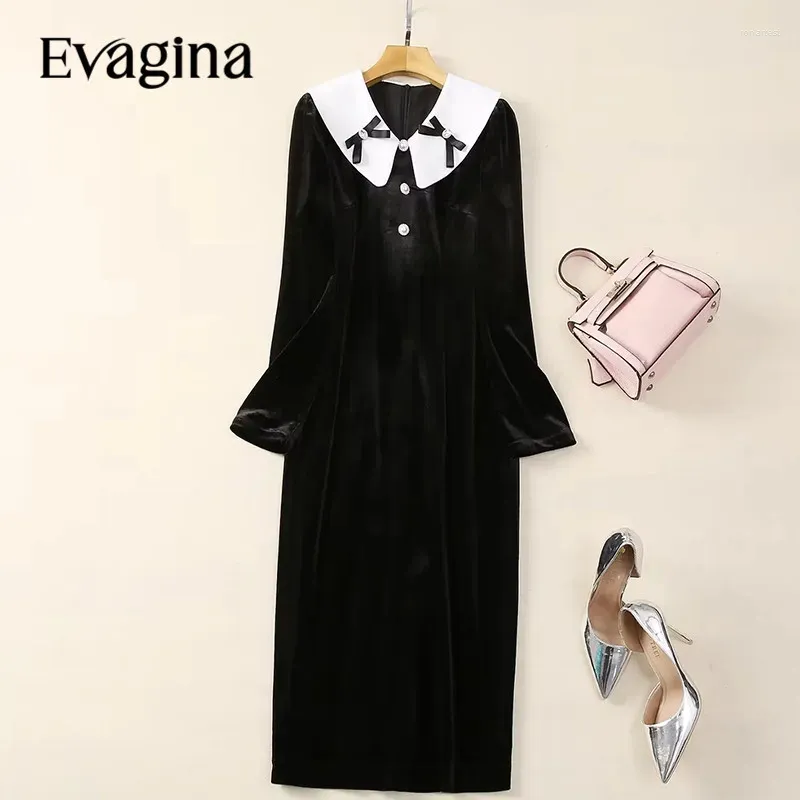 Lässige Kleider Evagina Mode Runway Designer Frauen Dollkragen Bow Long Sleeve Button Slim-Fit mit Hüftpack-Samtkleid