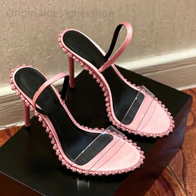 Sandals High Heel Open Toe Rhinestone Transparent Stripe Female Summer Mid Heel Sandals Female T240409