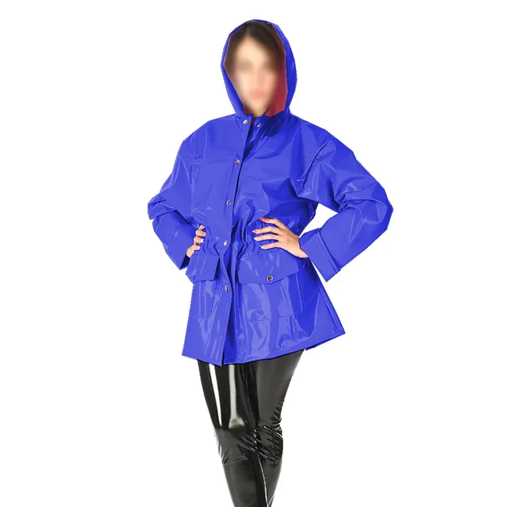 Sexig glänsande PVC-läderhuvjackor Löst långärmad med fickor Jacka hoodies Raincoats Clubwear High Street S-7XL