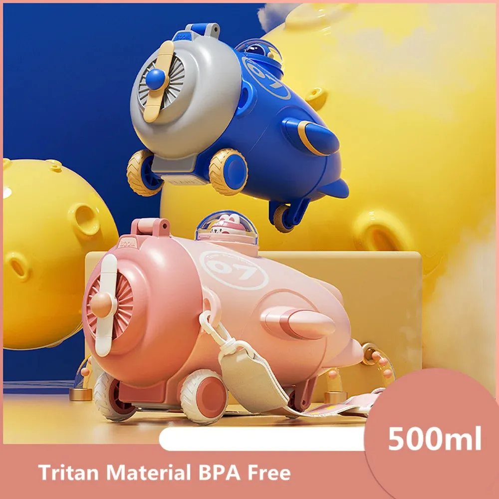 500ml Fighter Aircraft Water Bottle For Kids With Straw And Strap Cute Airplane Drink Travel School Tritan Material 240409