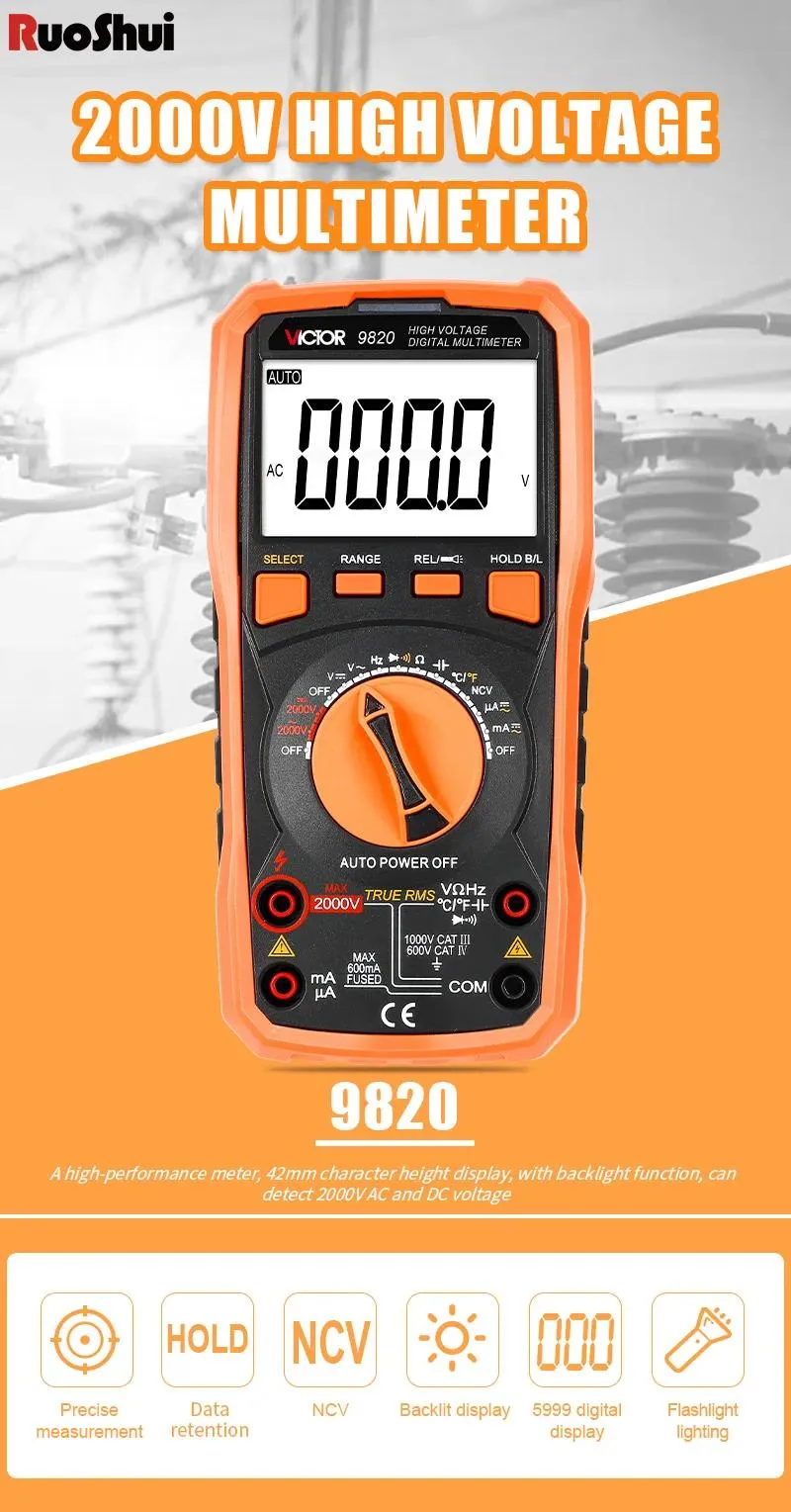 High Voltage 2000V Digital Meter Versatile AC/DC Voltmeter, True RMS ...