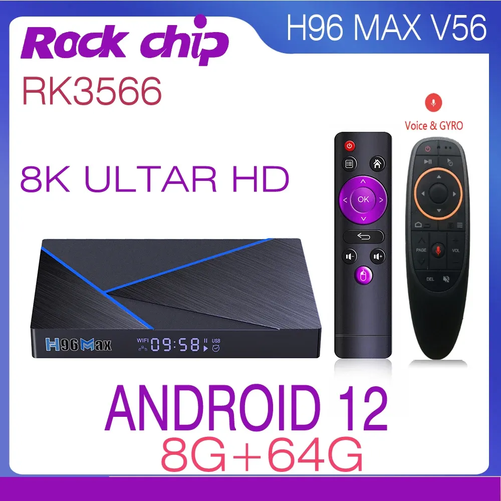 BOX ANDROID 12.0 QUAD CORE ROCKCHIP RK3566 4GB 8GB 32GB 64GB 1000M LAN 2.4G 5GデュアルWIFI BT4.0スマートテレビボックスH96 MAX V56