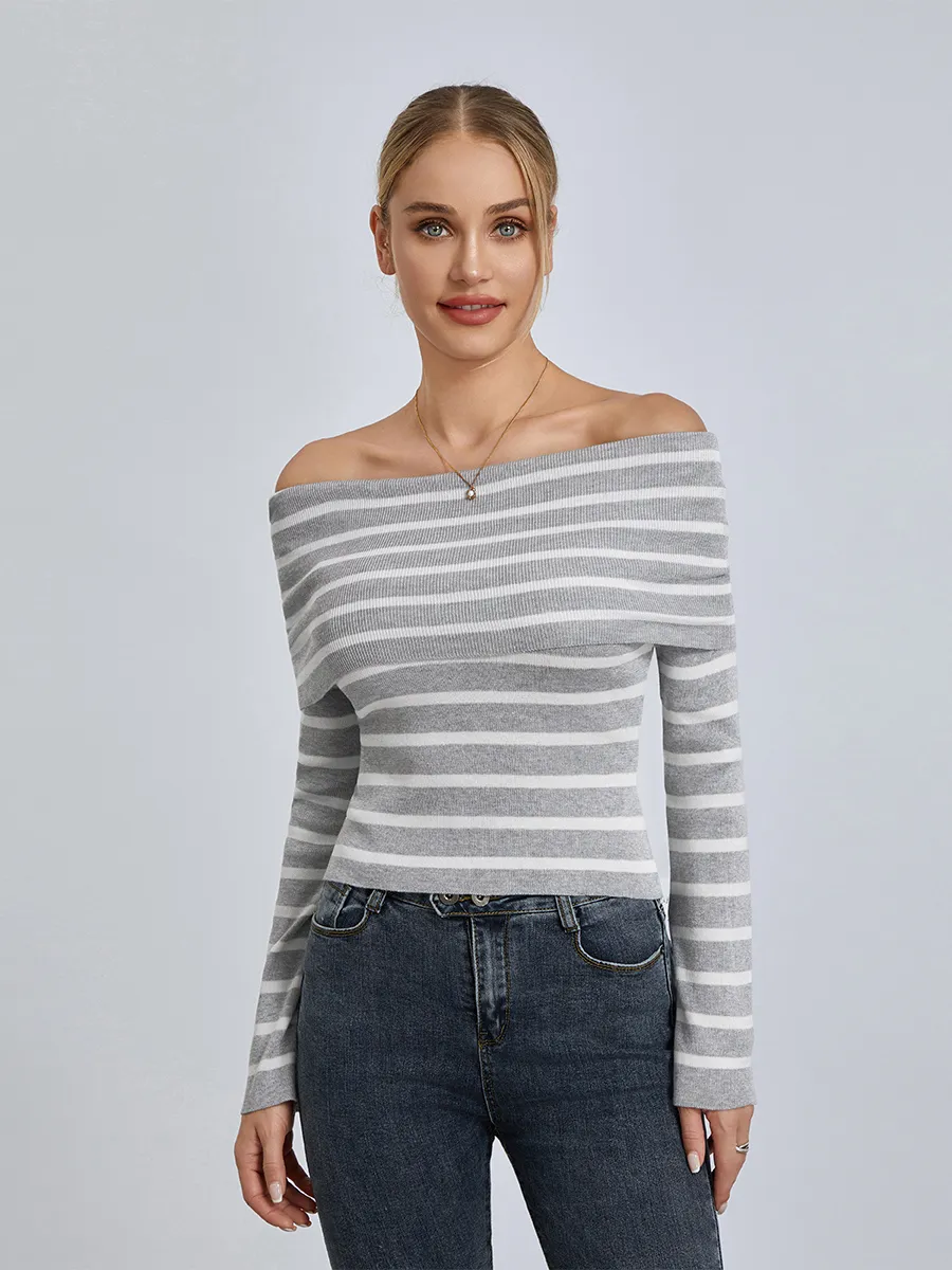 Womens Off-Shoulder Striped Top: Sexy Slim Fit Long Sleeve T
