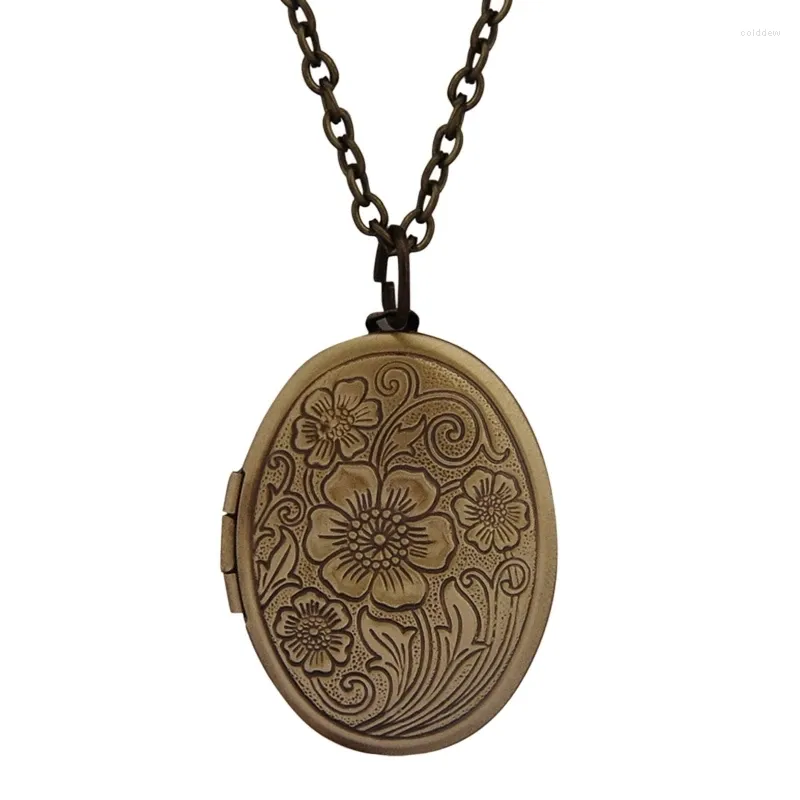 Hänghalsband graverat blommönster locket halsband oval klumpskedja po låda smycken gåva för kvinnor flicka tonåring