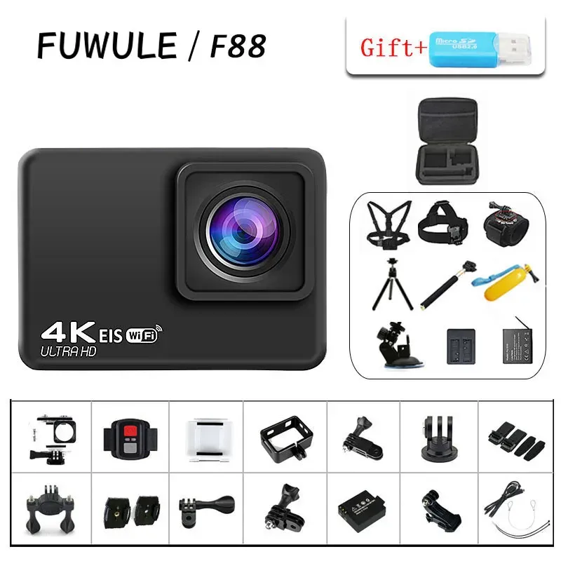 Kameror F88 EIS Antishake Action Camera Ultra HD 4K / 60fps WiFi 2.0 "170D undervattensvattentät kamhjälm Vedio Go Sport Pro kom