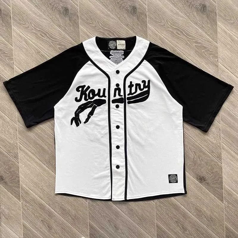 Men's T-Shirts Patchwork Kapital Kountry Baseball Short Sleeve Shirt Bone Embroidery Letter Loose Shirt Top Tees J240409