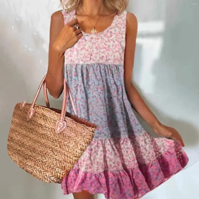 Casual Dresses Floral Boho Sundress For Women Summer Dress Round Neck Sleeveless Tank Beach Swing Fashion Slim Midi Robe