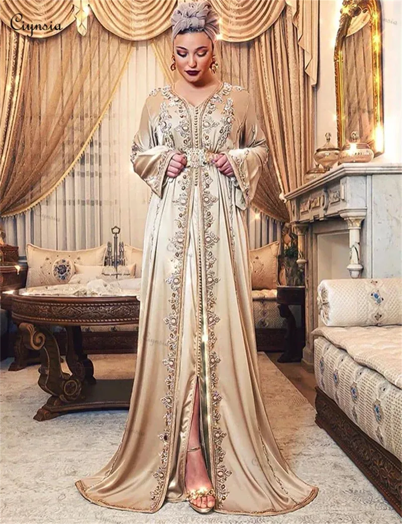 Ciynsia A-Line Satin Langarm Nigeria Marokkanische Kaftanabendkleider Abendkleider Champagner Muslim formelle Partykleider Frauen