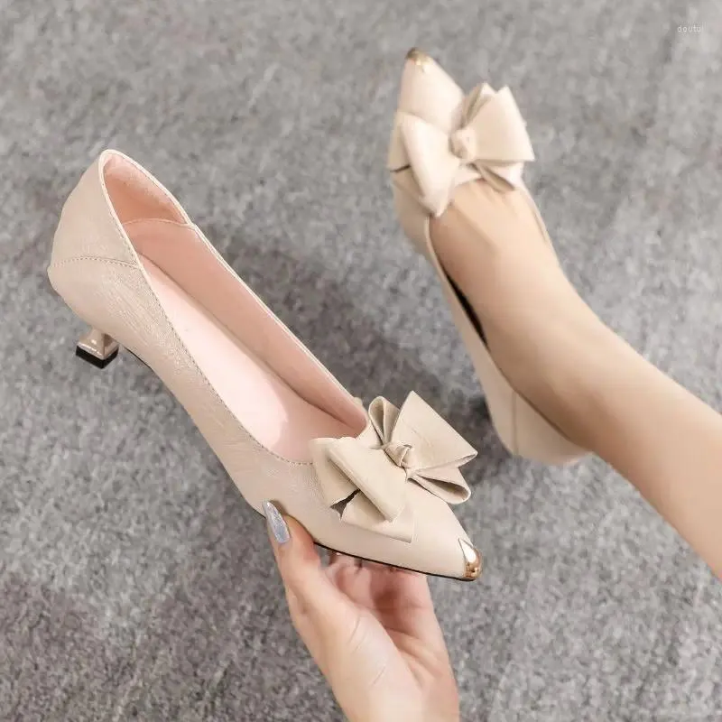 Dress Shoes Women's Summer Footwear Office With Medium Heels For Woman 2024 Black Bow Pointed Toe High Quality Chic And Elegant Casual