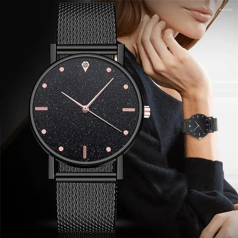 Montre-bracelets Black Femmes regarde Starry Sky Mesh Silicone Strap Woman Fashion Quartz Wristwatch Drop dames Clock Vente Simple Relogio