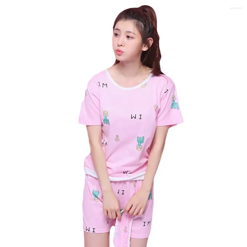 Home Clothing Lovely Cartoon Cactus Bulb Short Sleeve Top Shorts Women Sleepwear Pajamas Set