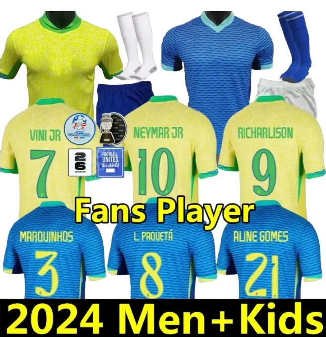 Бразильс футбол Джерси 2024 Copa America Cup Neymar Vini Jr Kids Kit Sets 2025 Brasil Национальная команда футбольной рубашки 24/25 Home Away Player Версия 2xl Rodrygo Martinelli