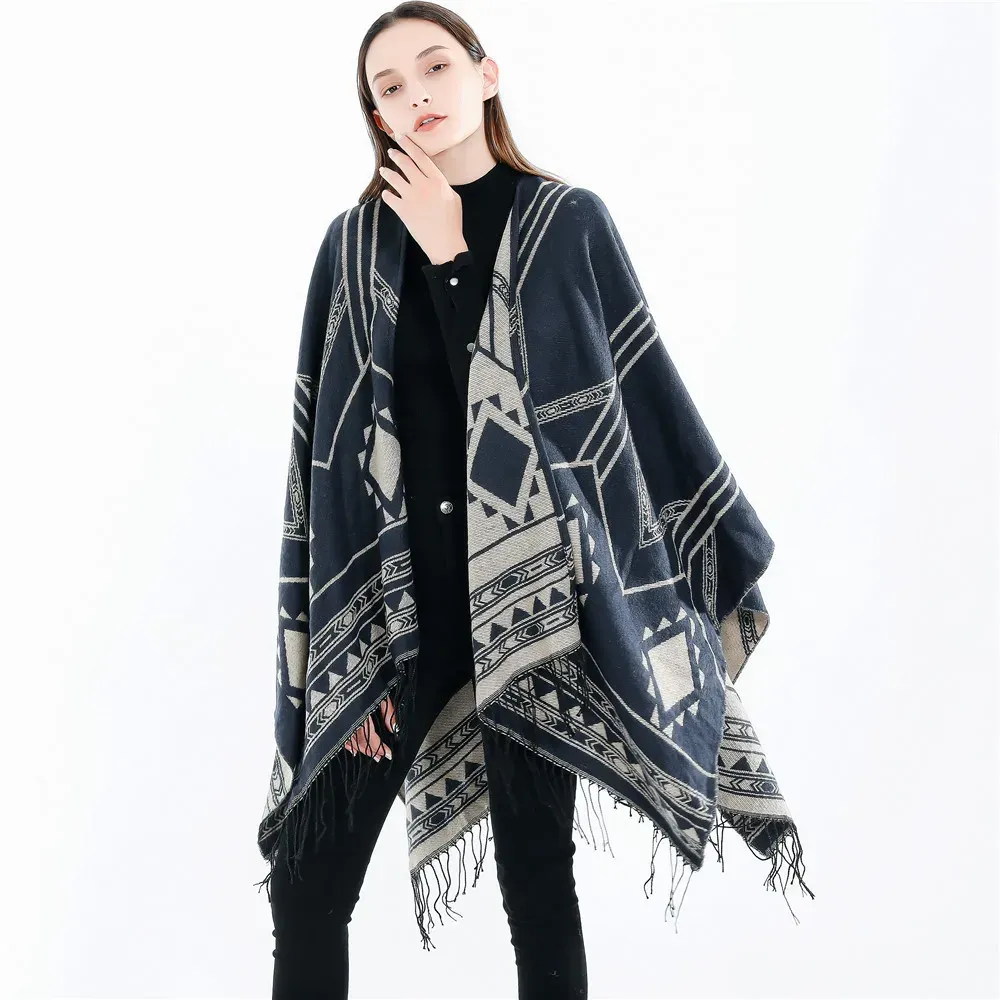 2023 New Indian Nepalese Style Geometric Tassel Split Women Shawl Warm Air Conditioning Room Lady Cloak Poncho Capes Black Khaki