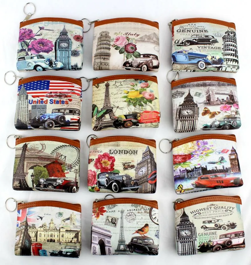 25pcsLot Mix colors coin purse with key ring printed pattern of Famous buildings in Europe and America Mini Coin bag change pouch4729162