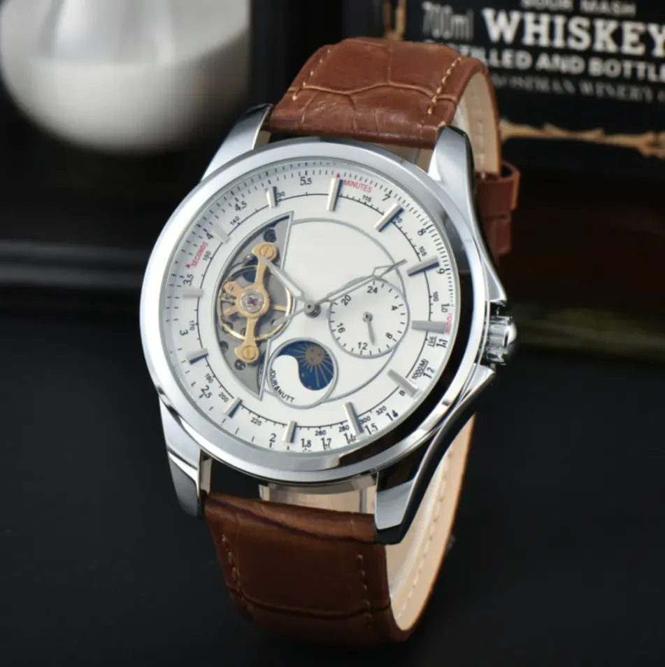 New Mens watchesbrand designer Fashion mechanical automatic luxury watch stainless steel Leather strap daydate Moon Phase movement wristwatches for men Gift b689