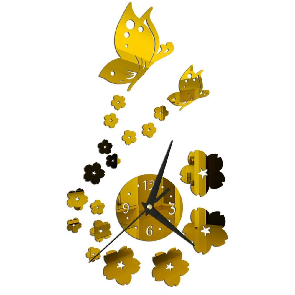 1 Definir relógio de parede Bateria auto-adesiva Operado pelo ponteiro longo 4 Números silenciosos 3D espelho Butterfly Plum Blossom Art Clock