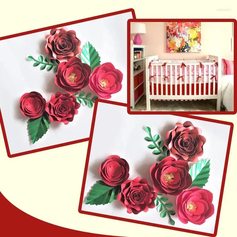 Decorative Flowers Handmade Cardstock Red Rose DIY Paper Leaves Set For Christmas Year Backdrops Decorations Video Tutorials