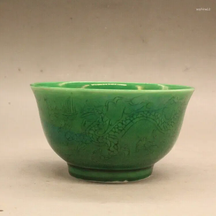 Decorative Figurines Chinese Style Green Glaze Porcelain Hand Carved Dragon Phoenix Cup 3.35"