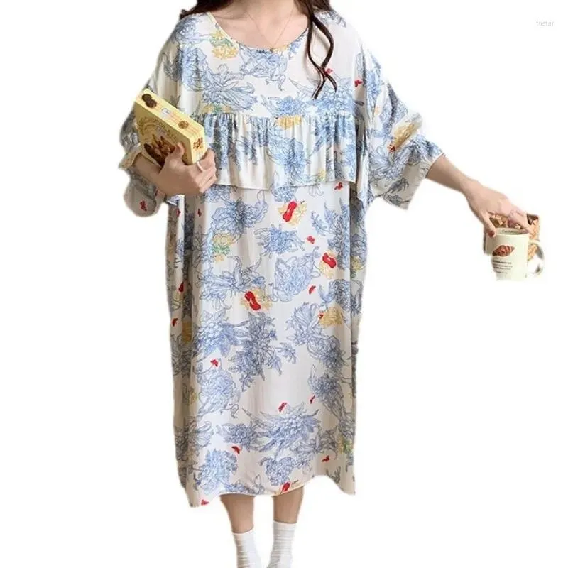 Dames slaapkleding zomer geprinte katoenen zijde slaaprok voor vrouwen zoete ronde nek korte mouw pyjama jurk vrouwelijke woninginrichting