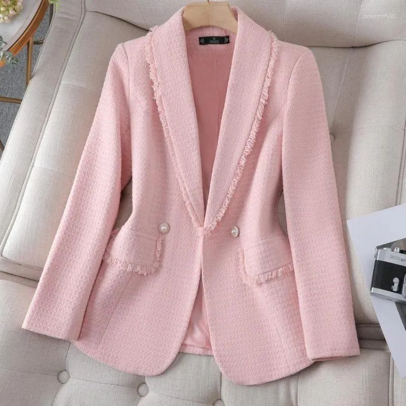 女性のスーツS-4XL女性ブレザージャケットツイード太い二重胸肉スリムルーズ春の秋のカジュアルオフィスワークスーツプラスサイズ白ピンク