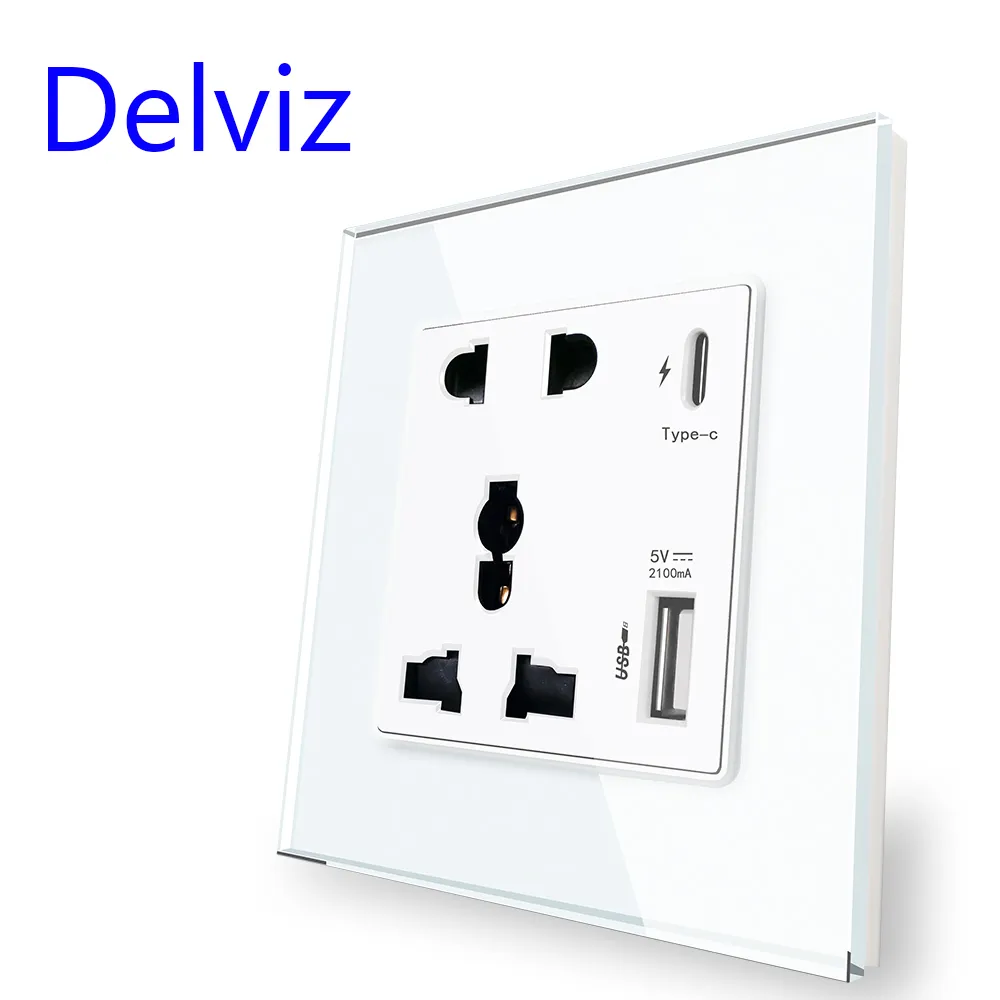 Delviz Type-Cインターフェイスソケット、ユニバーサルインターナショナル、クリスタルガラスパネル、ウォールパワーUSBアウトレット、18W 4000MAスマートクイックチャージ