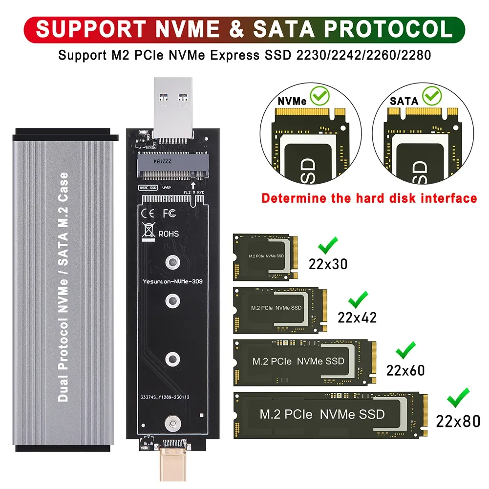 Kapsling M.2 NVME -kapsling Extern SSD SATA -hårddiskdiskfodral USB Typec Dual Interface USB3.1 Gen2 10Gbps för M2 NVME PCIe/M.2 SATA