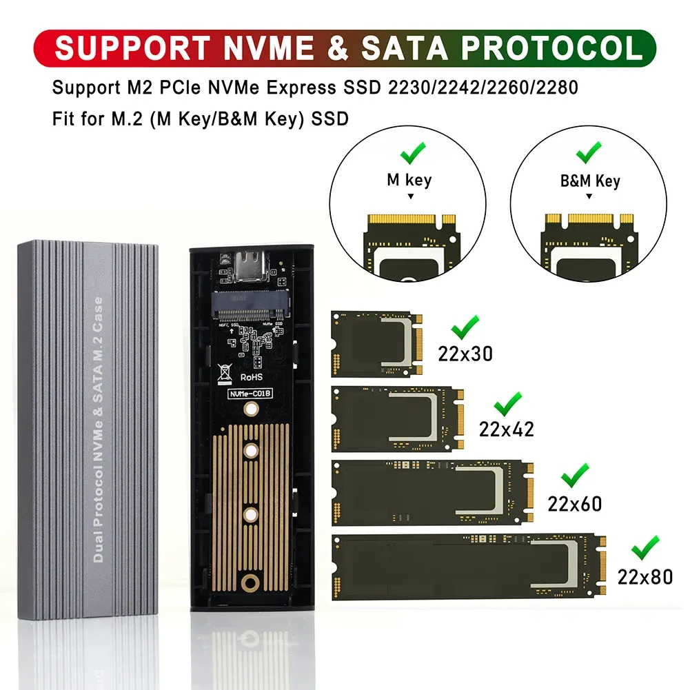 Casos de gabinete SSD do gabinete M.2 SATA NVME Caixa de disco rígido Dual Protocolo JMS581D CHIP PARA M.2 SATA NVME 2230/2242/2260/2280 SSD