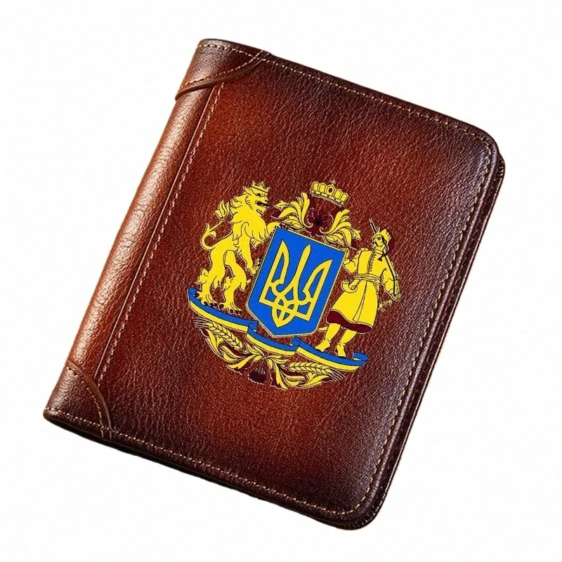 Hochwertige echte Ledermänner Brieftaschen Ukraine Kräfte Abzeichen Druck kurzer Kartenhalter Geldbörse Billfold Herren Brieftasche 42ay#