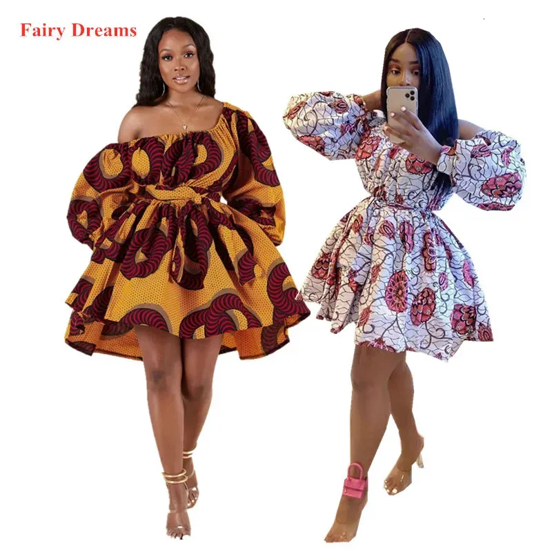 Womens African Cute Dress Traditionella kläder Dashiki Ankara Bandage Summer Dresses Off Shoulder Print Ball Gown 240319