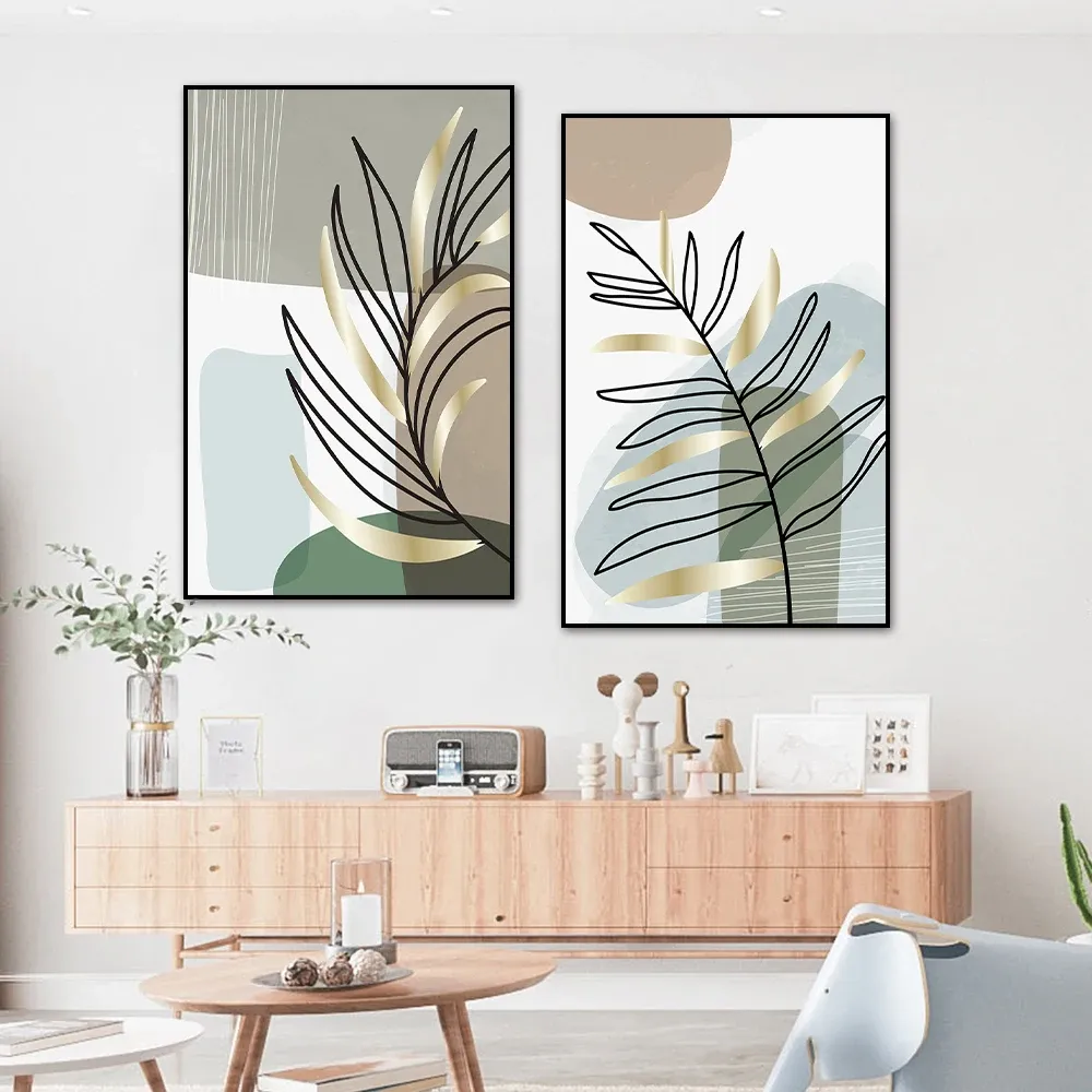 Boho Line Plants Leaf Abstract Geometria Arte da parede Telas pintando pôsteres nórdicos e impressões imagens para decoração da sala de estar