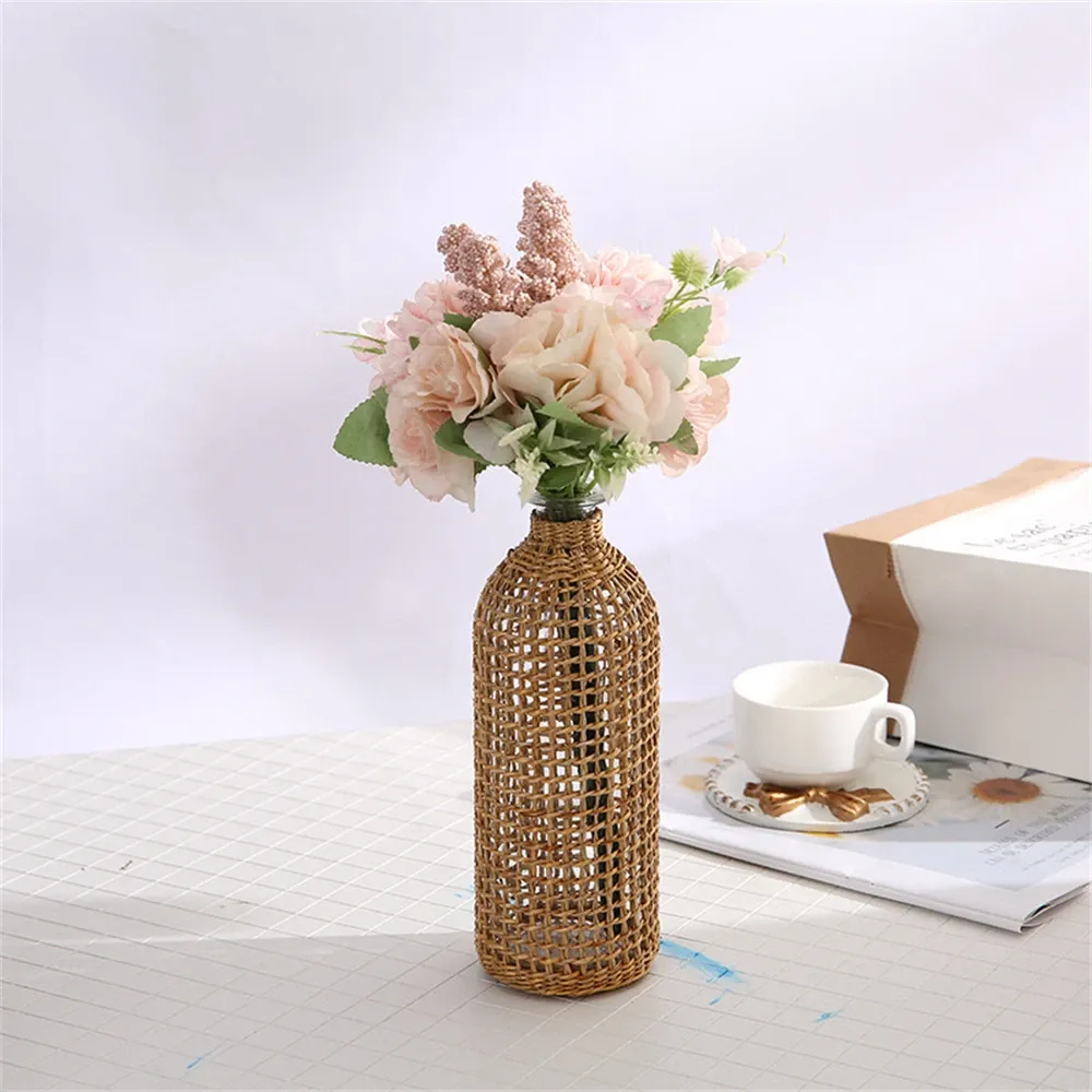 Vaso fiore rattan nordico, arredamento del vaso di vetro nordico fatto a mano, disposizione dei fiori secchi desktop, decorazione per la casa decorazione del soggiorno