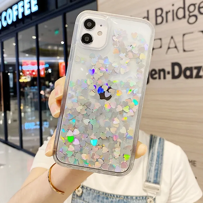 Moskado -paljetter Quicksand Glitter Love Heart Telefonomslag för iPhone 11 Pro Max 13 mini 12 X XR XS Max 7 8Plus Hard PC Back Cases