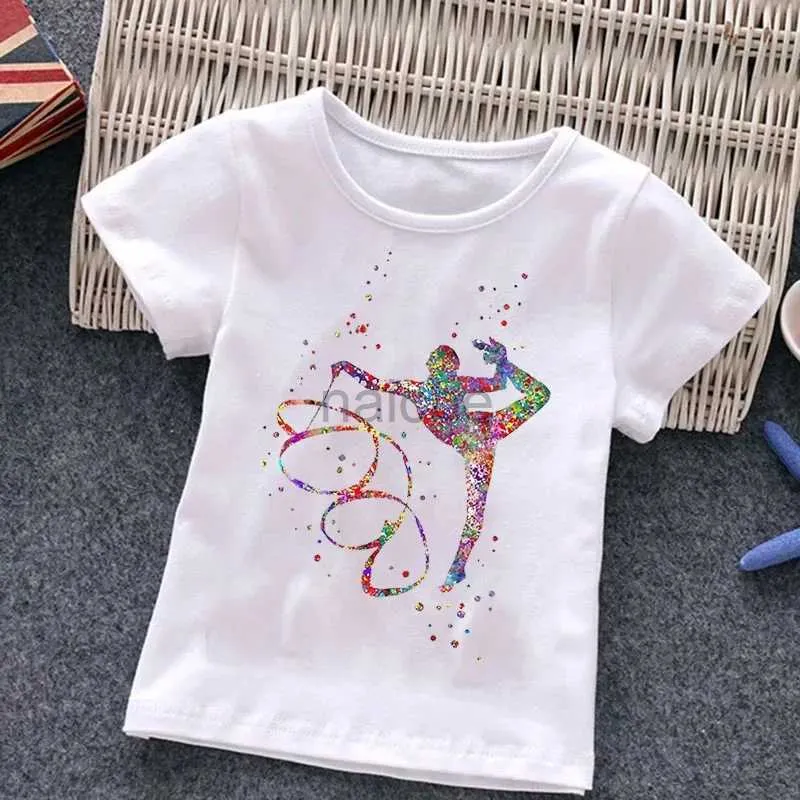 T-shirts aquarel gymnastiek print tshirts meisjes kinderen kleding schattig gymnastiek kunst t shirt zomer gym kinderen kleding harajuku shirt 240410