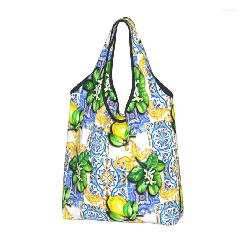 Bolsas de armazenamento Reciclagem de telhas mediterrâneas Summer Fruit Lemons Compras femininas Tote Bag Shoppicista portátil