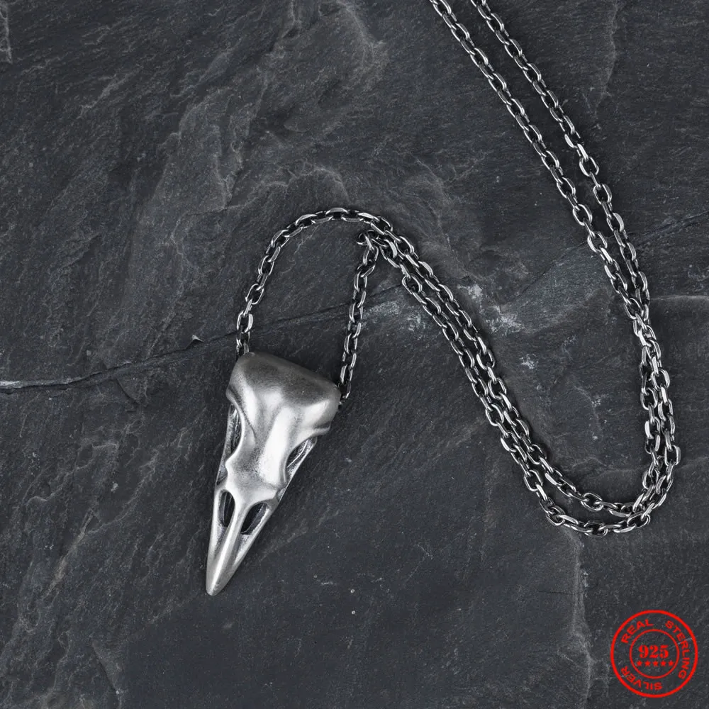 Mkendn Viking Style 100％925 Sterling Silver Creative Crow Raven Head Skullペンダントネックレス