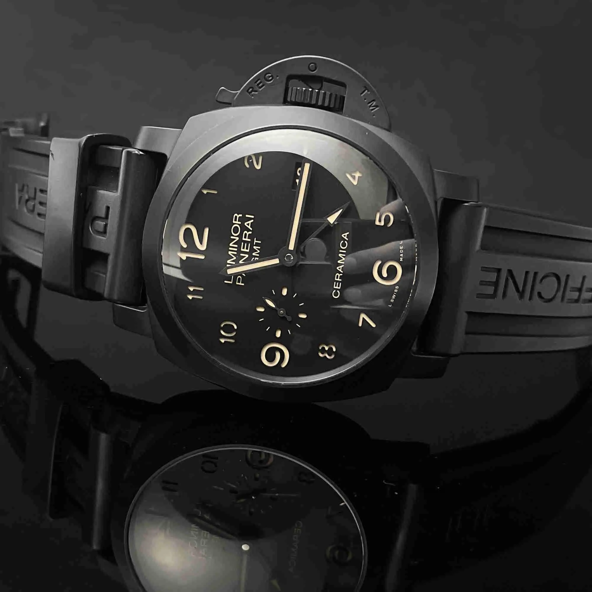 Panerai Temperament Sapphire Watch Swiss Auto Genuine Leather Strap 44mm Black