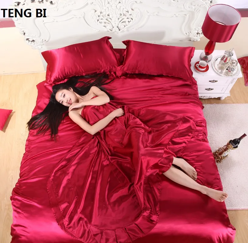 Hett försäljning! 2020 Ny stil Silk Däcke Cover Set Bedding Set 1 Däcke Cover 1 Bed Sheet 1or2 Kudde Cases Super King King Queen