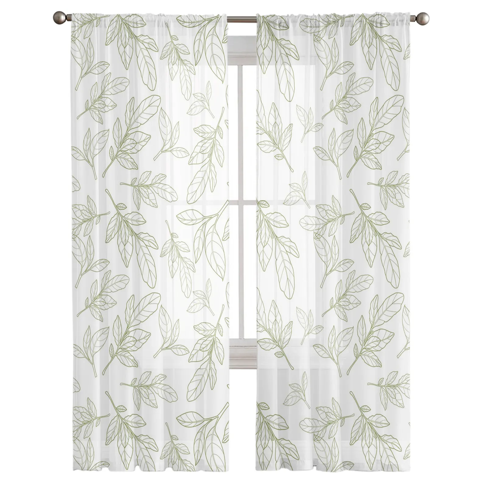 Green Leaves Stick Figure Window Curtains Bedroom Modern Drape Sheer Tulle Valances Living Room Kitchen Voile Curtain