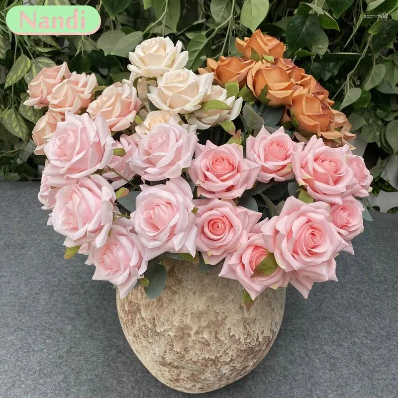 Flores decorativas 9 Rosas de canto de buquê grande casamento artificial de alta qualidade Decoração de casa Display Flower Gift Pink White