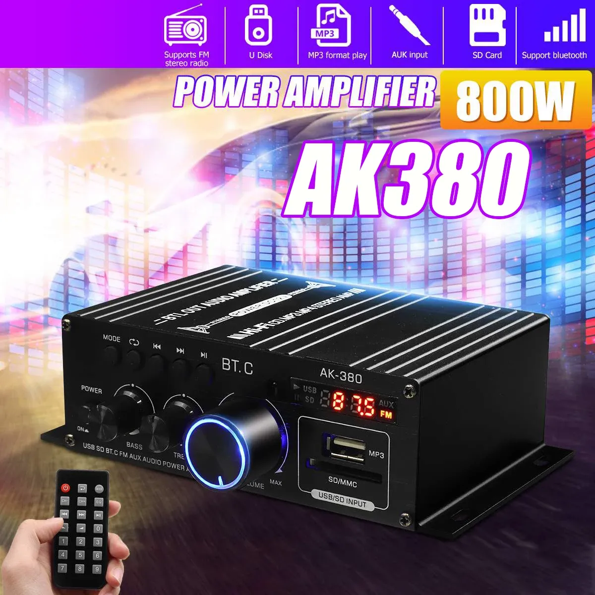 Versterkers AK35 AK380 800W Home Digitale versterker Audio 110240V BASS AUDIO POWER Bluetooth -versterker HiFi FM Automuziek Subwoofer Subwoofer Sprekers