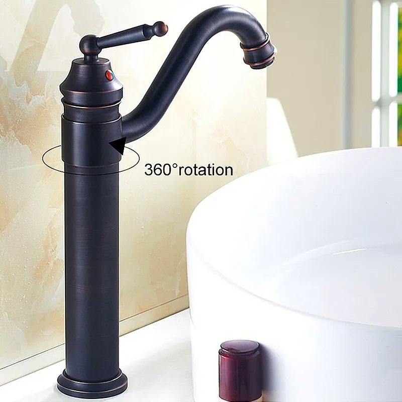 Black Faucets Tall Bathroom Vessel Sink Faucet Hot Cold Water Crane Oil Rubble Bronze Finished Deck Mounted ELF5002B