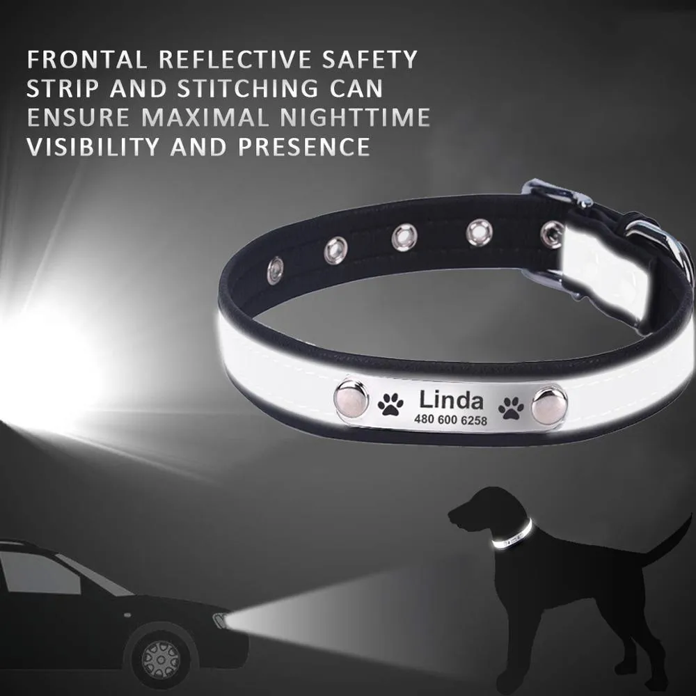 Reflective Personalized Dog Collar Leather Resistance bite Puppy Cat Collar ID Collar Engrave Name Phone Number Puppy Nameplate