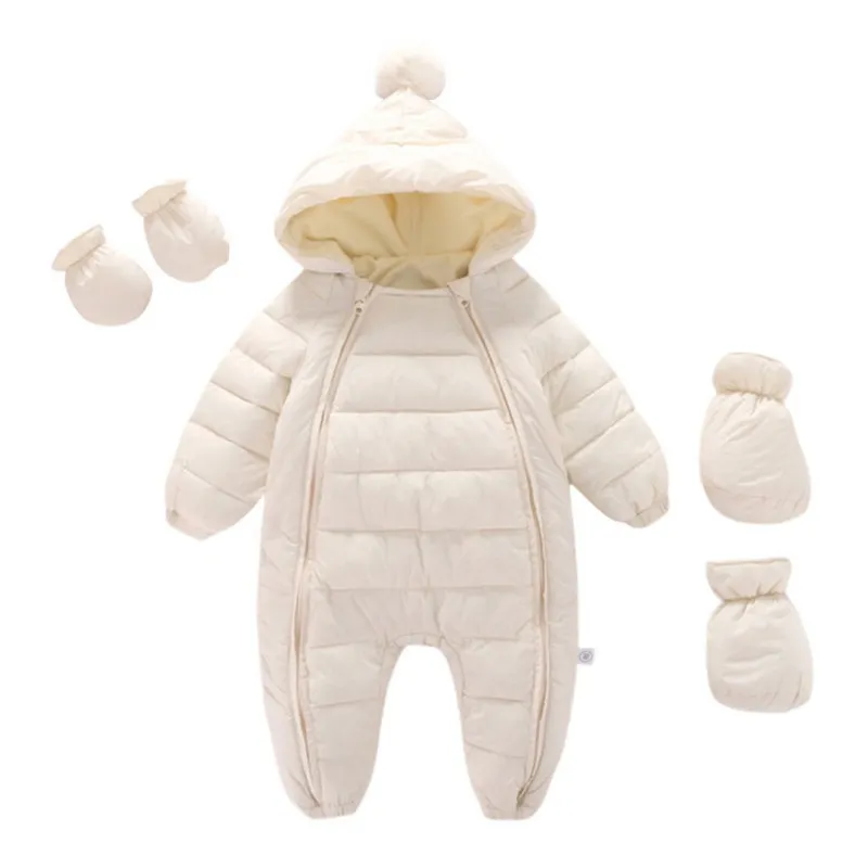 Baywell Winter Baby Girls Boys Snowsuit Infant Zipper One-Pieces Pompom Hooded Romper Footies+Handschoenen+schoenen 0-24m