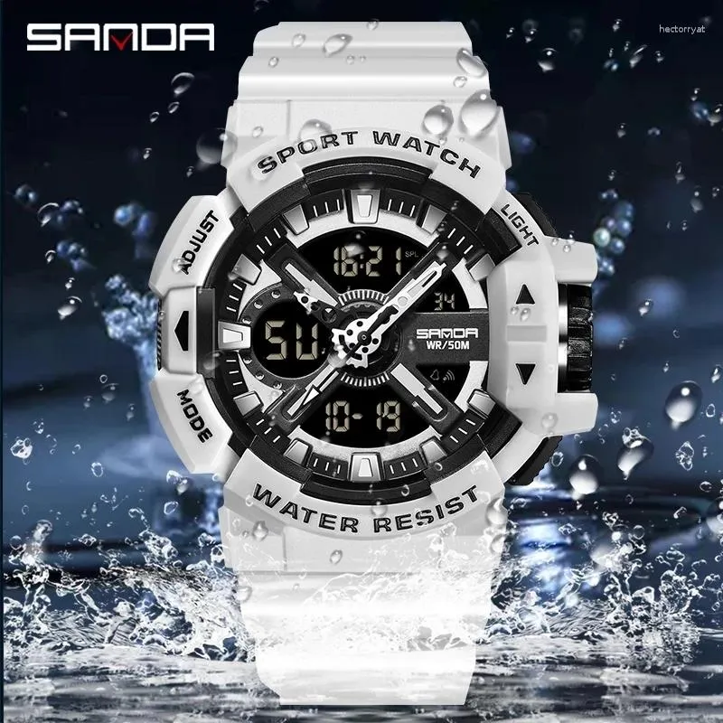 Zegarki męskie zegarki na rękę Sanda Dual wyświetlacz sportowy wojskowy 50 m Waterproofowy cyfrowy zegarek kwarcowy zegar na rękę Relogio Masculino 3128