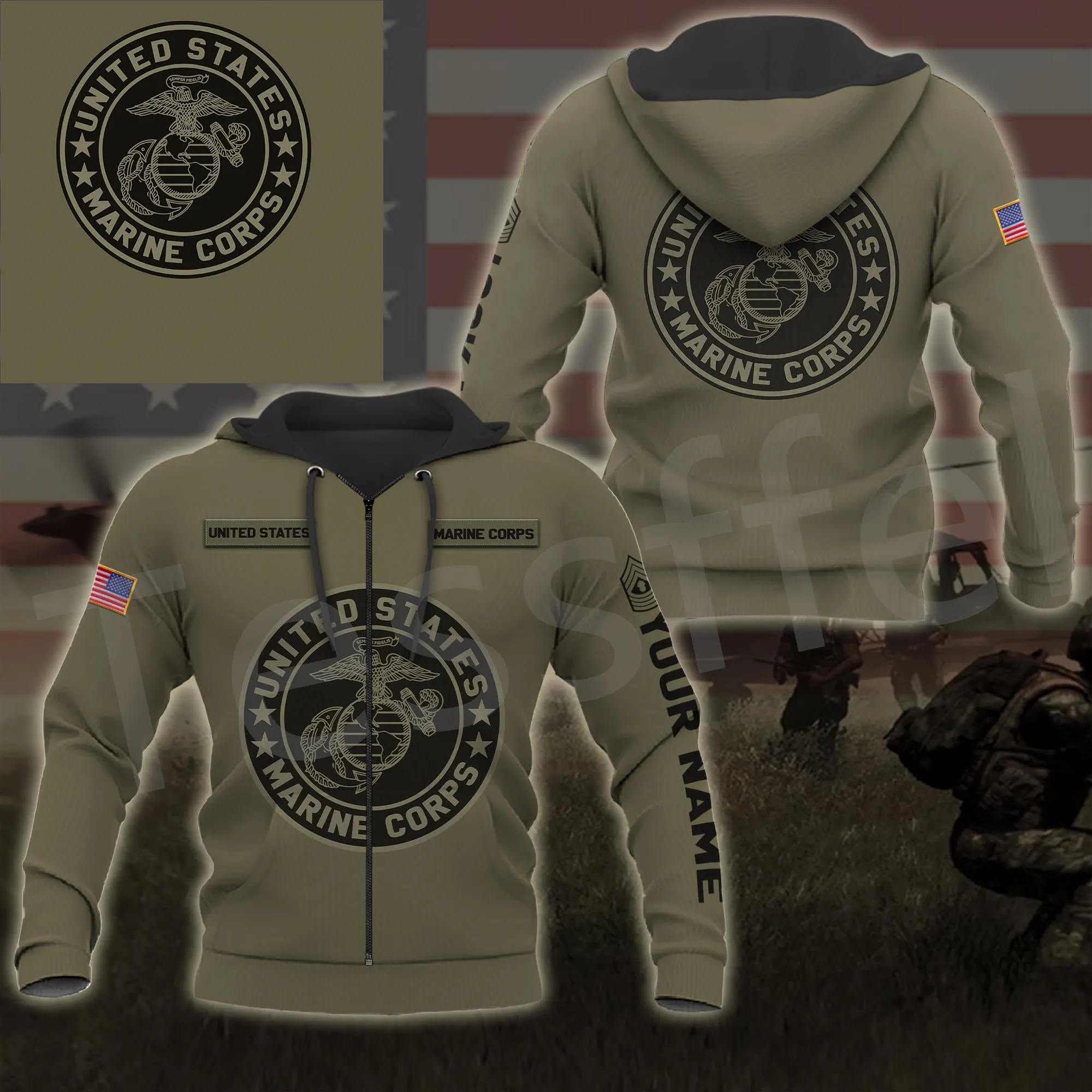 Tessffel Anpassa namnet US Marine Cops Army Military Camo Tracksuit 3dprint Men/Women Harajuku Casual Pullover Jacket Hoodies X1