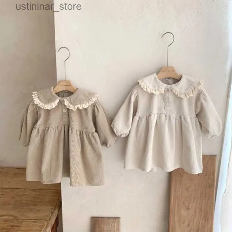 Girl's jurken schattig babymeisje corduroy jurk 0-3 jaar prinses pasgeboren kinderen lange mouw peter pan kraag a-line één-stuks Korea lentekleding l47