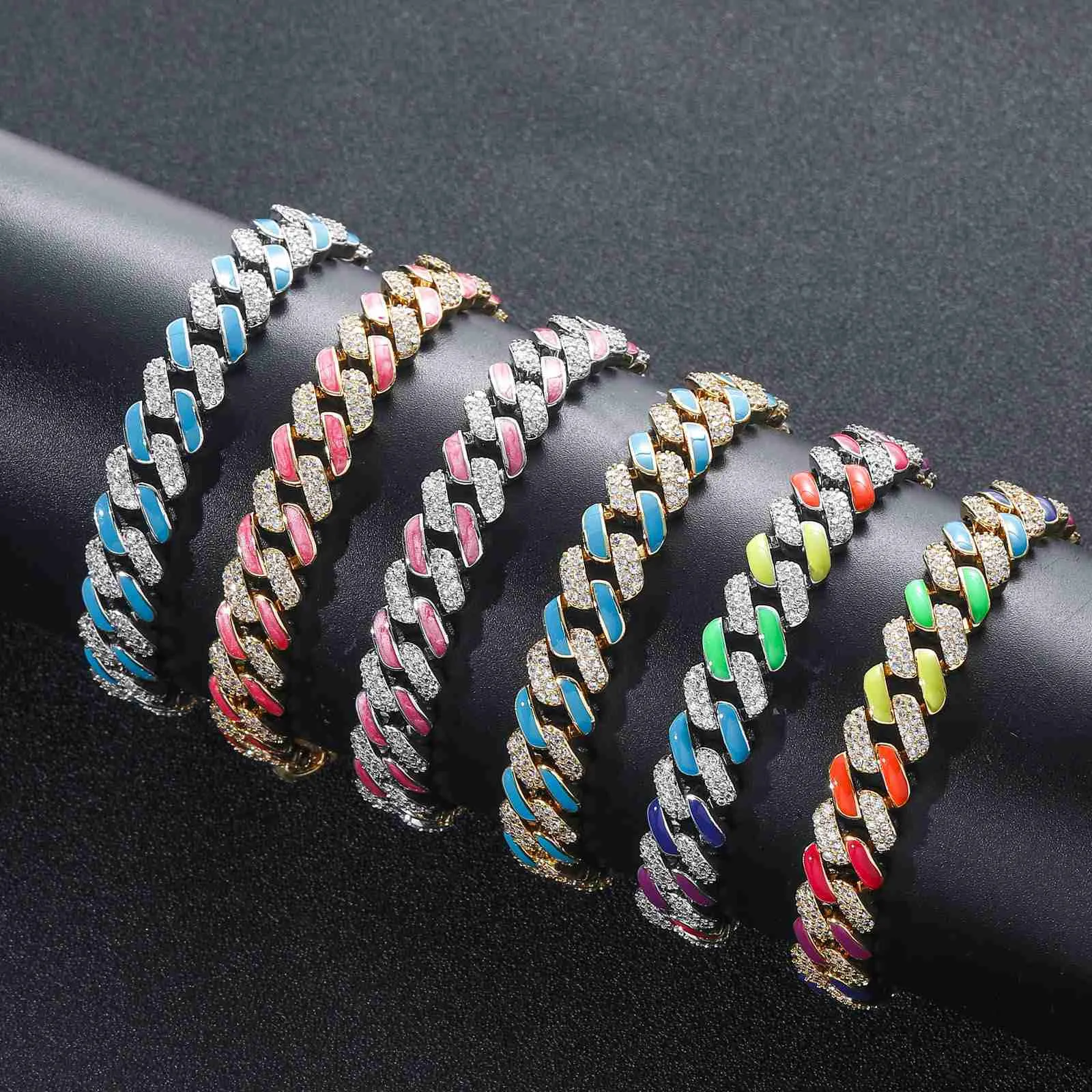 Nieuwe armband hiphop 12 mm kleur Cubaanse ketting regenboog diamant mannen en vrouwen hiphop accessoires S925 armband